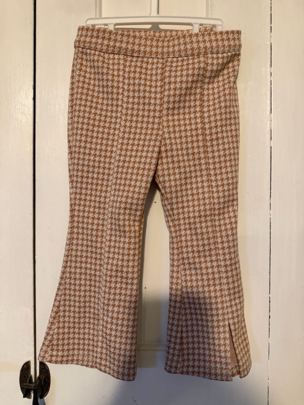 Kids Houndstooth Flared Knit Pants - Cream & Brown
